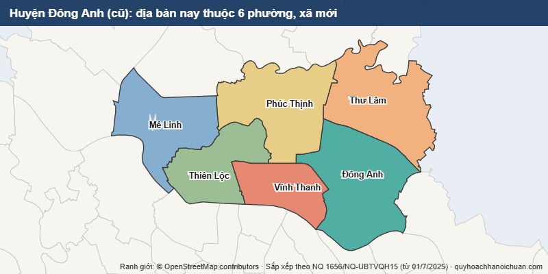 Bản đồ Huyện Đông Anh cũ sau sắp xếp: địa bàn nay thuộc 6 xã mới