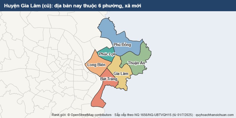 Bản đồ Huyện Gia Lâm cũ sau sắp xếp: địa bàn nay thuộc 6 phường, xã mới