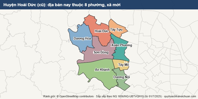 Bản đồ Huyện Hoài Đức cũ sau sắp xếp: địa bàn nay thuộc 8 phường, xã mới