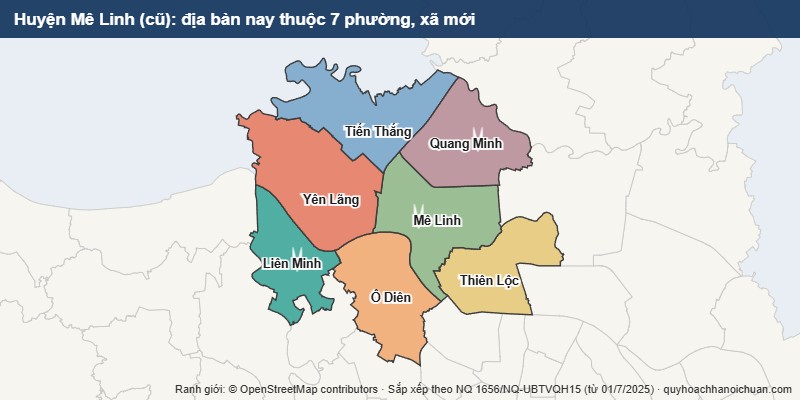Bản đồ Huyện Mê Linh cũ sau sắp xếp: địa bàn nay thuộc 7 xã mới