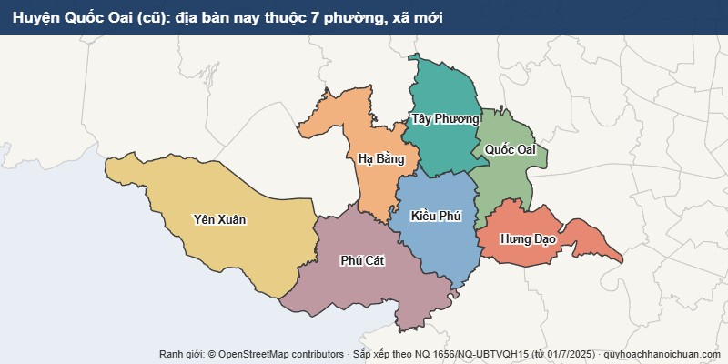 Bản đồ Huyện Quốc Oai cũ sau sắp xếp: địa bàn nay thuộc 7 xã mới