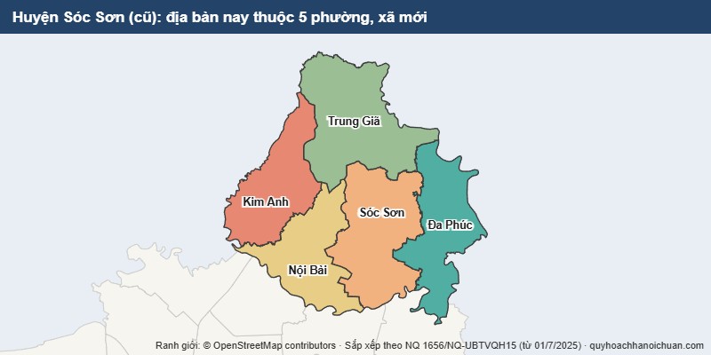 Bản đồ Huyện Sóc Sơn cũ sau sắp xếp: địa bàn nay thuộc 5 xã mới