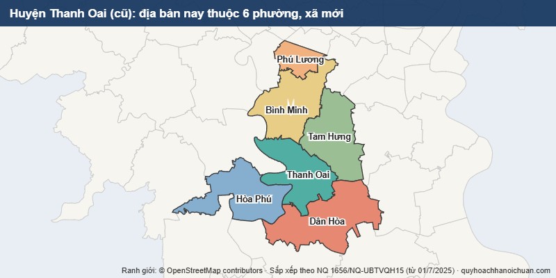 Bản đồ Huyện Thanh Oai cũ sau sắp xếp: địa bàn nay thuộc 6 phường, xã mới