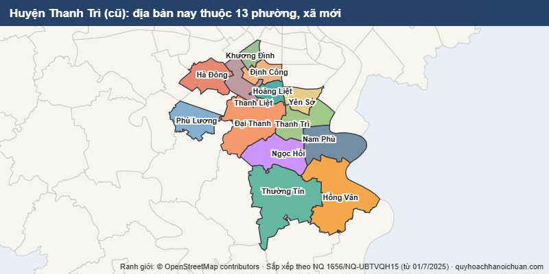 Bản đồ Huyện Thanh Trì cũ sau sắp xếp: địa bàn nay thuộc 13 phường, xã mới