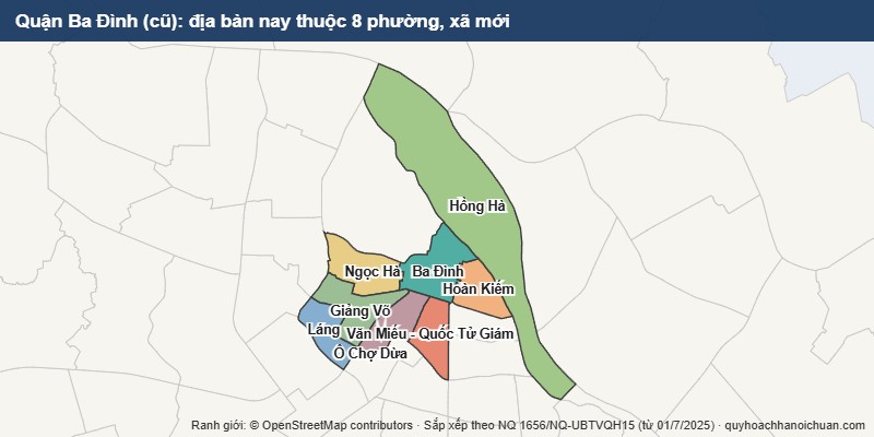 Bản đồ Quận Ba Đình cũ sau sắp xếp: địa bàn nay thuộc 8 phường mới