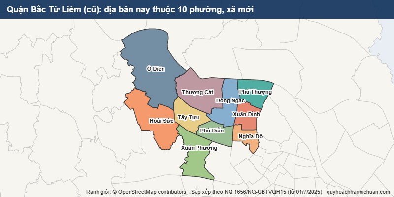 Bản đồ Quận Bắc Từ Liêm cũ sau sắp xếp: địa bàn nay thuộc 10 phường, xã mới