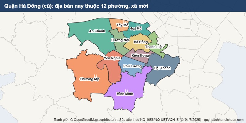 Bản đồ Quận Hà Đông cũ sau sắp xếp: địa bàn nay thuộc 12 phường, xã mới