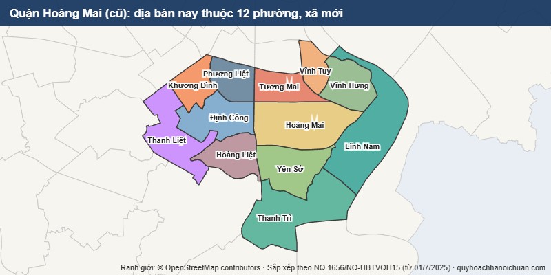 Bản đồ Quận Hoàng Mai cũ sau sắp xếp: địa bàn nay thuộc 12 phường, xã mới