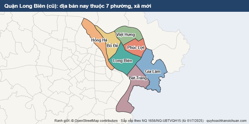 Bản đồ Quận Long Biên cũ sau sắp xếp: địa bàn nay thuộc 7 phường, xã mới