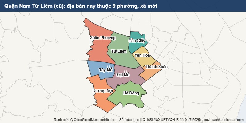 Bản đồ Quận Nam Từ Liêm cũ sau sắp xếp: địa bàn nay thuộc 9 phường mới
