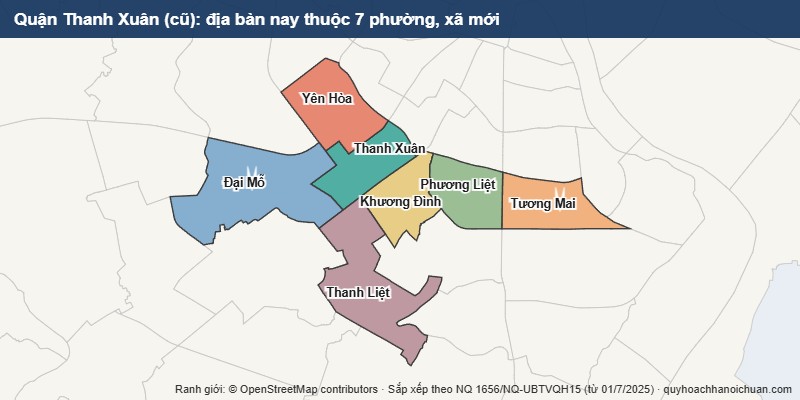 Bản đồ Quận Thanh Xuân cũ sau sắp xếp: địa bàn nay thuộc 7 phường mới