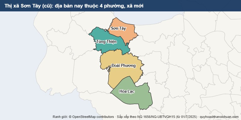 Bản đồ Thị xã Sơn Tây cũ sau sắp xếp: địa bàn nay thuộc 4 phường, xã mới